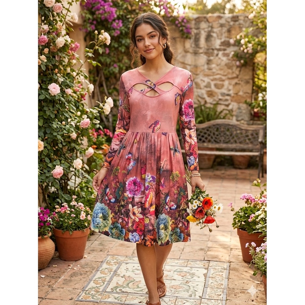 DRESSFO Butterfly Floral Fit Flare Dress Women 8 Pink Keyhole Neck